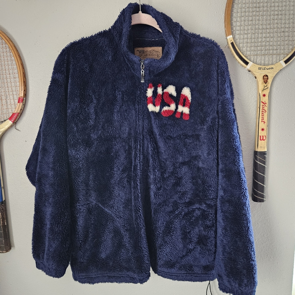 Cozy Navy Furry Fleece Jacket USA Medium Vintage